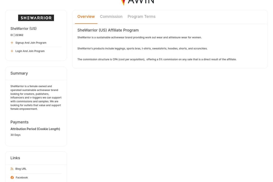 SheWarrior affiliate program signup page