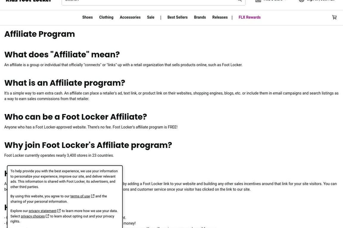 Kids Foot Locker affiliate program signup page