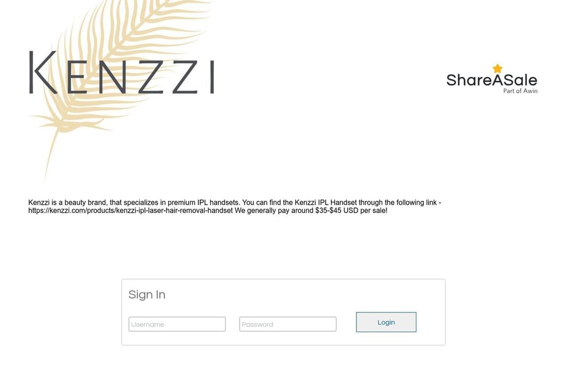 Kenzzi affiliate program signup page