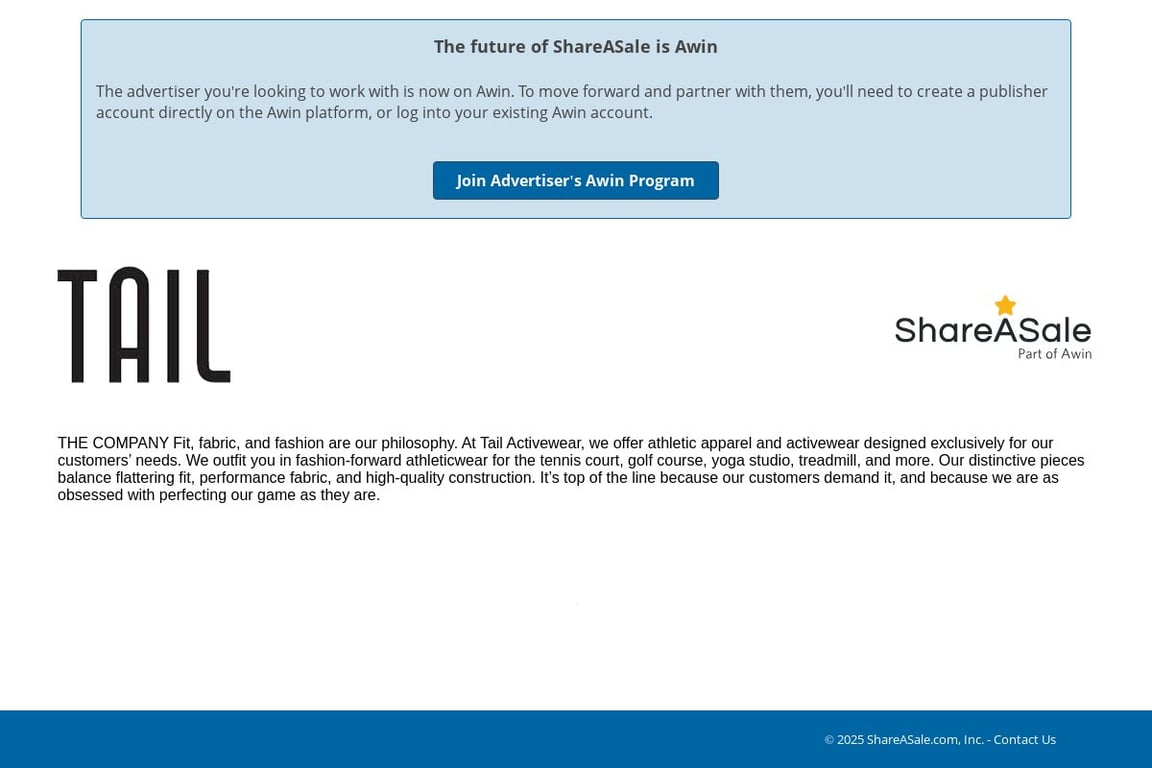 Tail Activewear affiliate program signup page