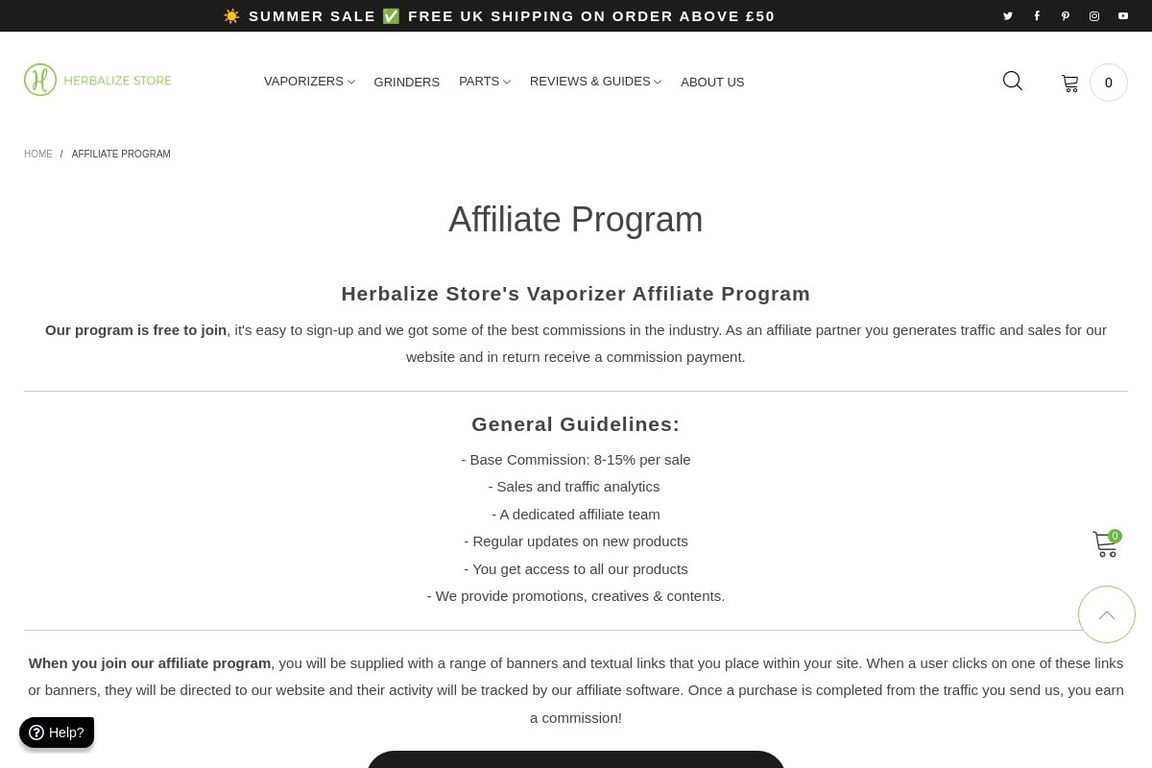 Herbalize Store affiliate program signup page
