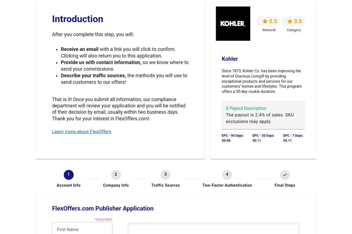 Kohler affiliate program signup page