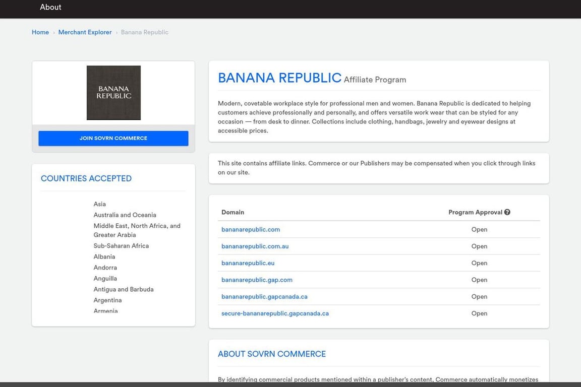 Banana Republic affiliate program signup page