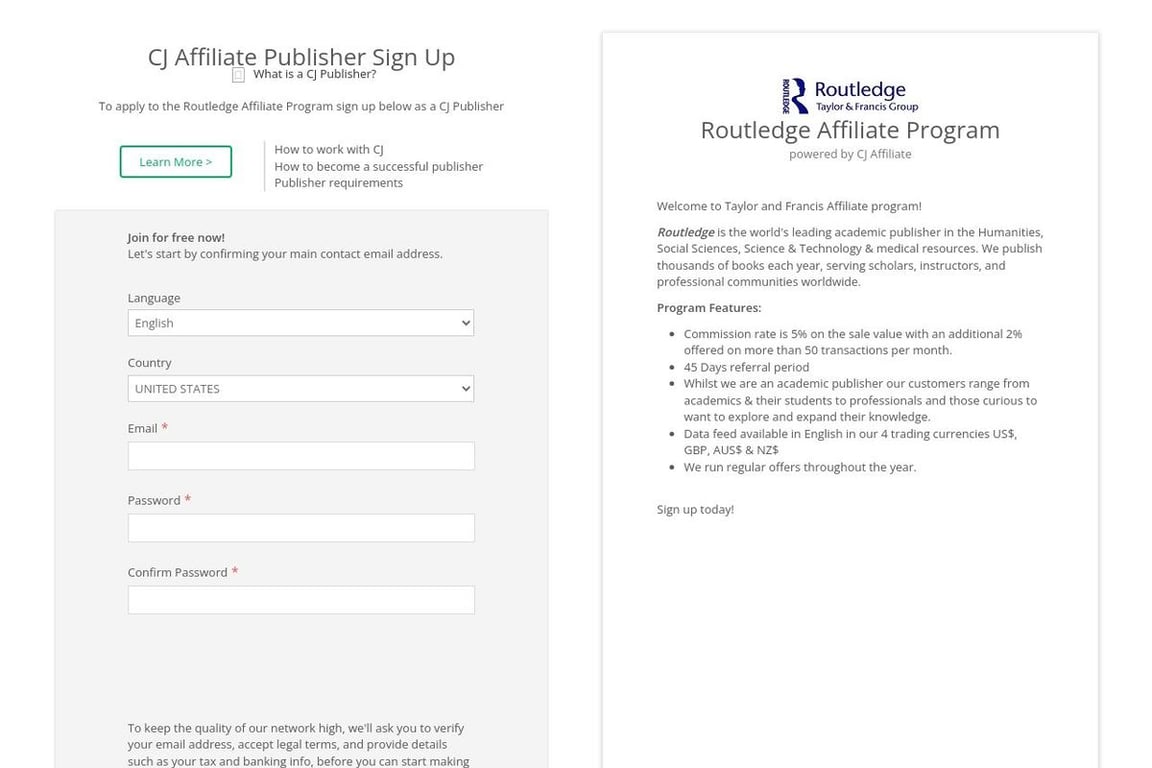Routledge affiliate program signup page