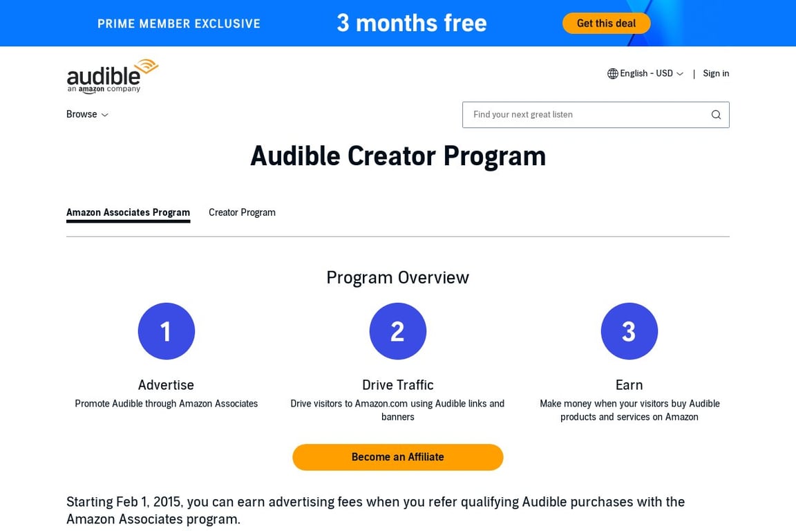 Audible Affiliates affiliate program signup page
