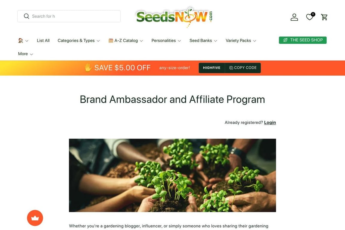 Seeds Now affiliate program signup page