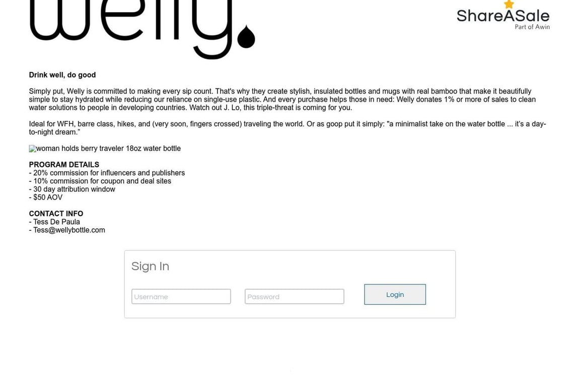 Welly affiliate program signup page
