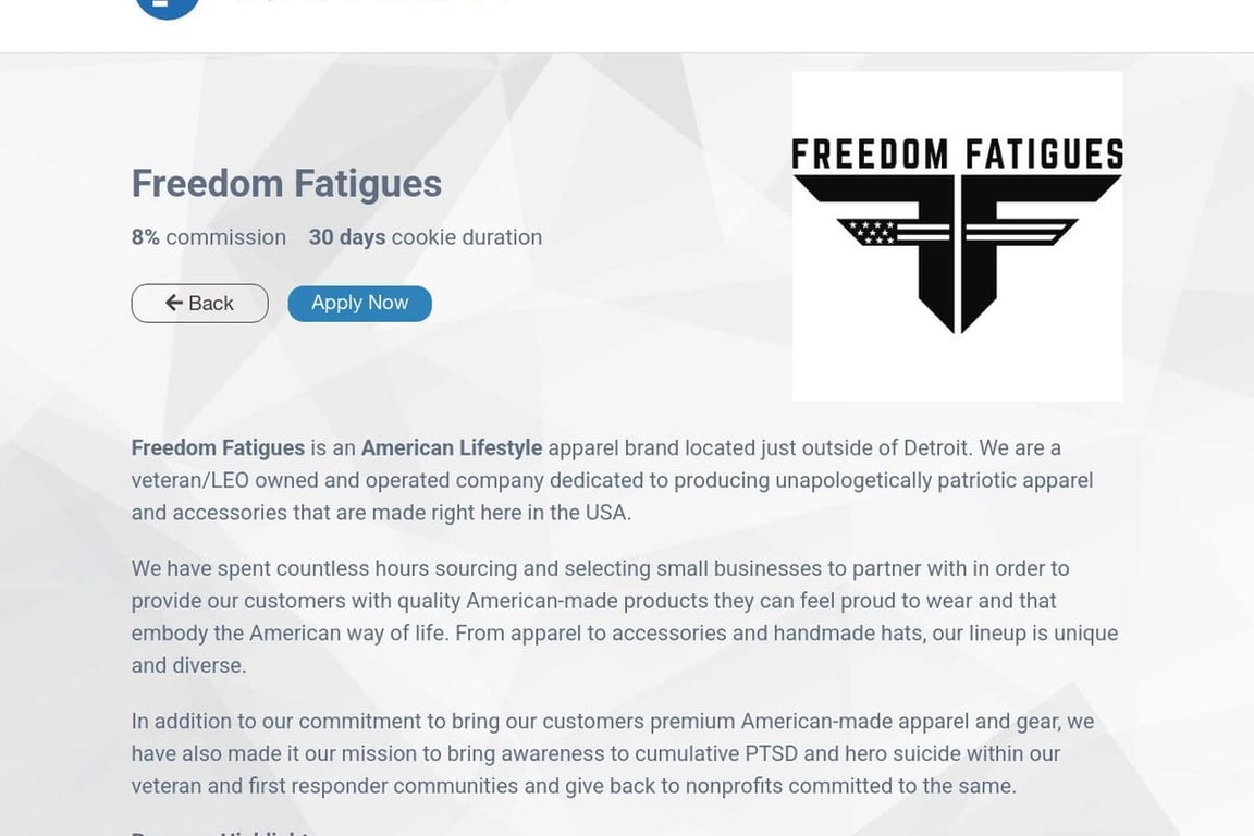 Freedom Fatigues affiliate program signup page
