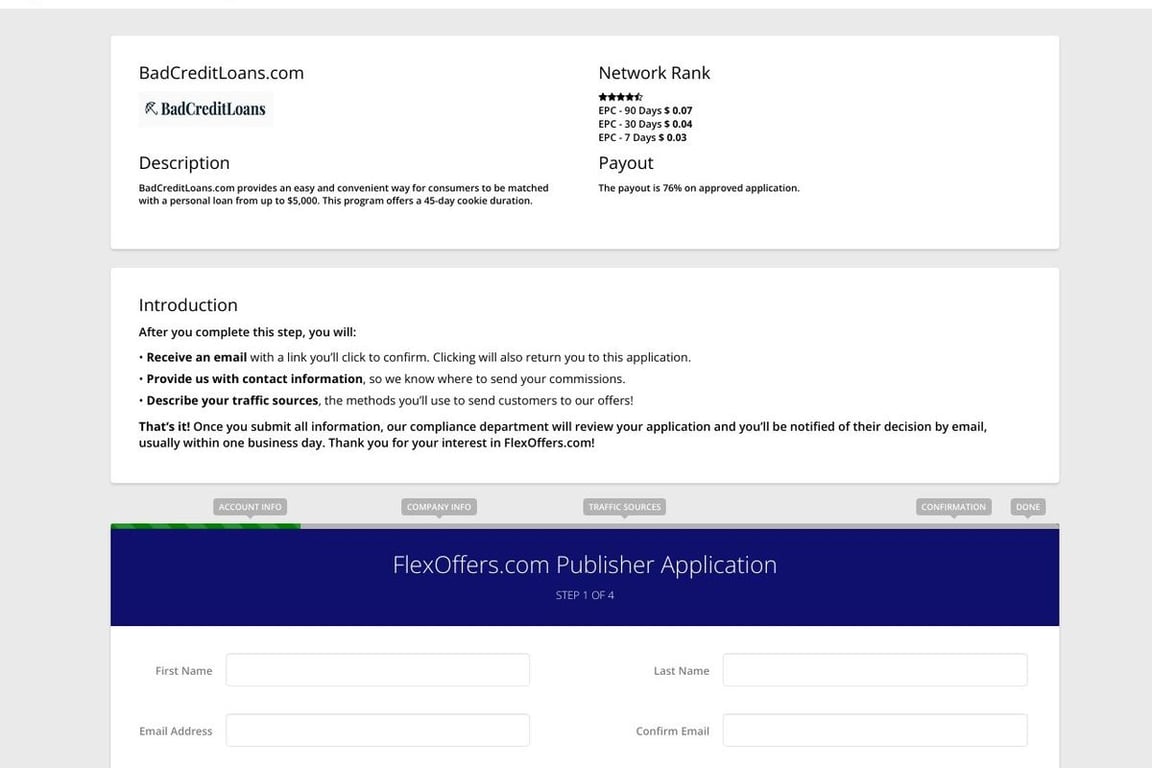 BadCreditLoans.com affiliate program signup page
