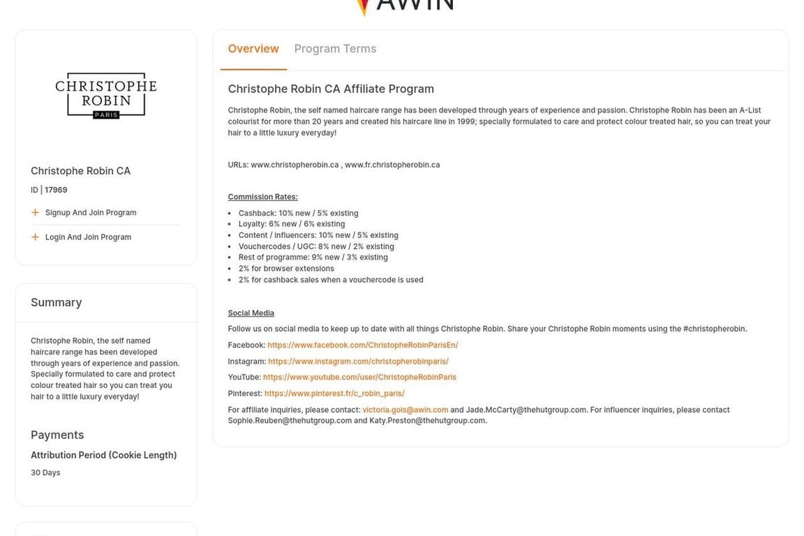Christophe Robin CA affiliate program signup page