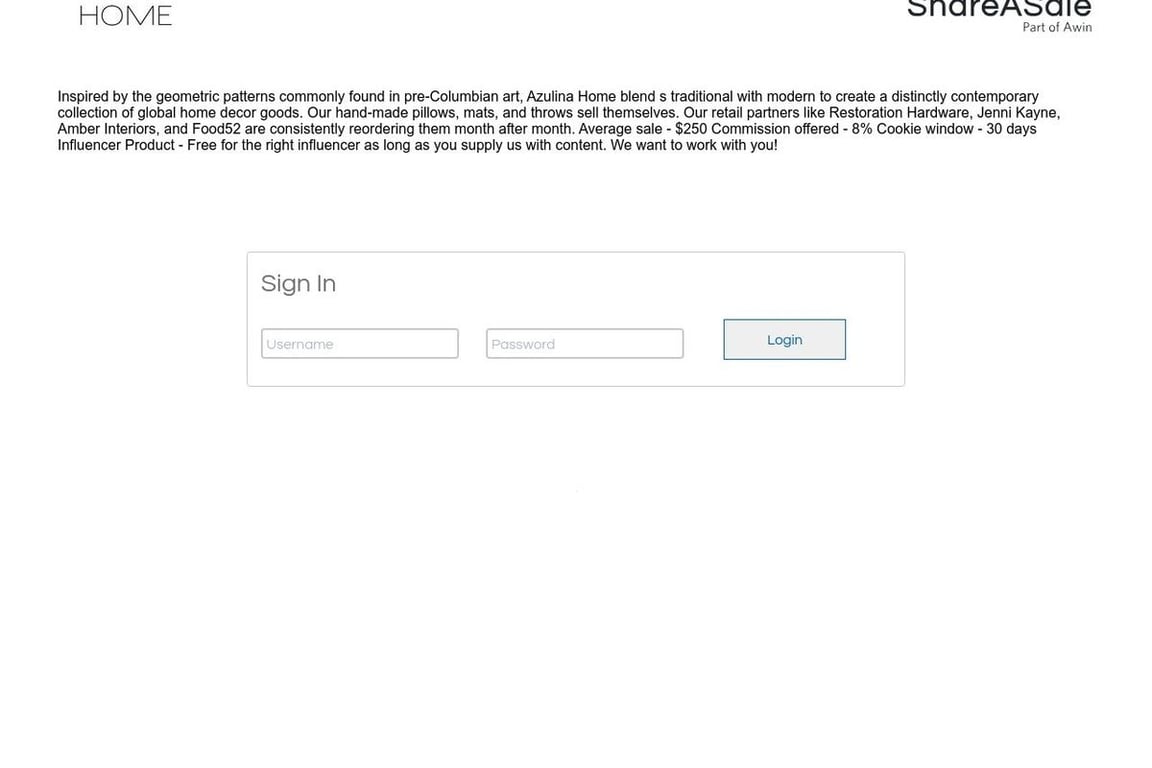 Azulina Home affiliate program signup page