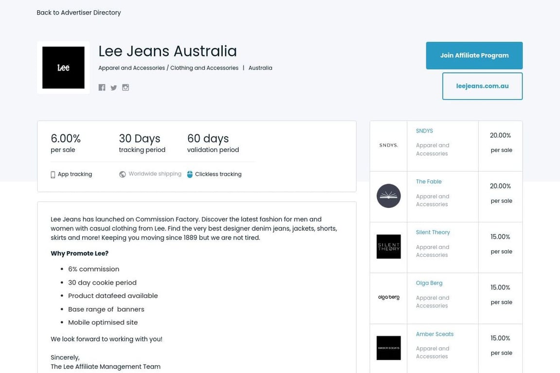 Lee Jeans affiliate program signup page