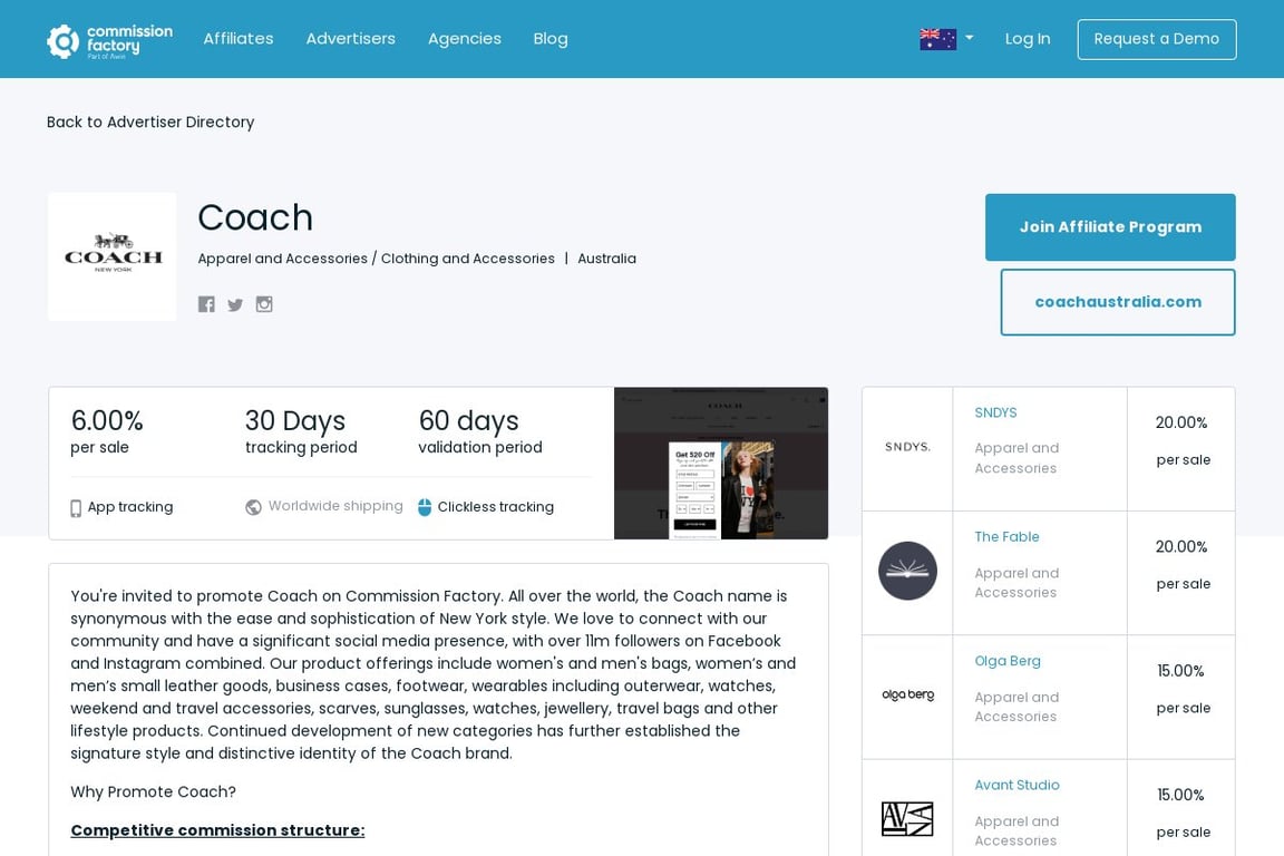 COACH AU affiliate program signup page