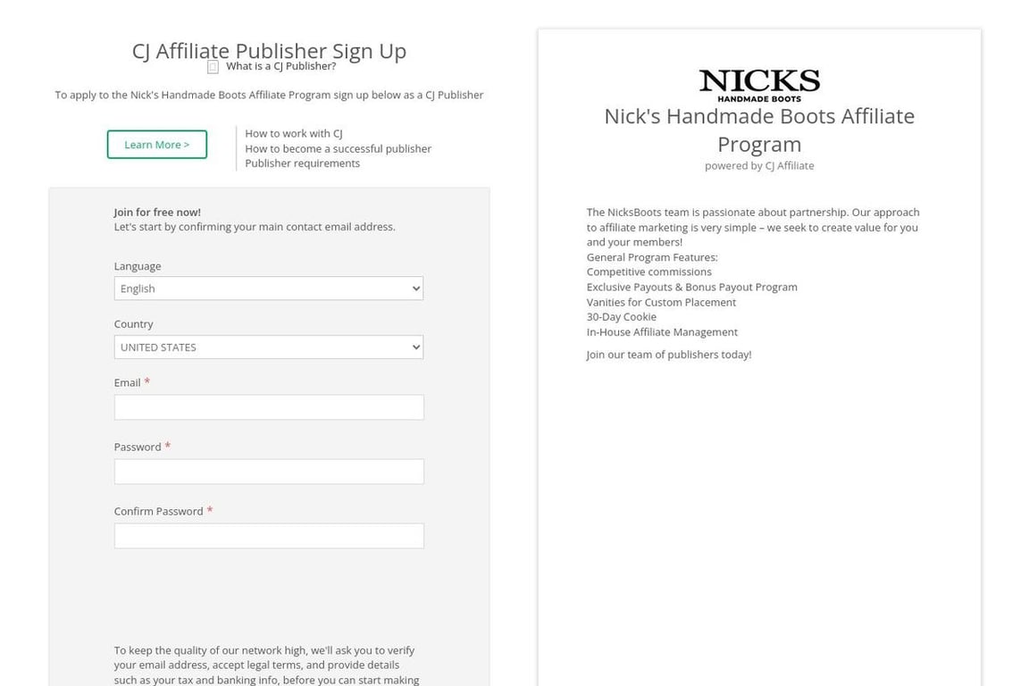 Nick’s Handmade Boots affiliate program signup page