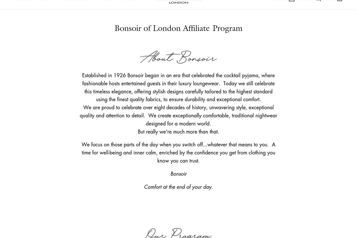 Bonsoir of London affiliate program signup page