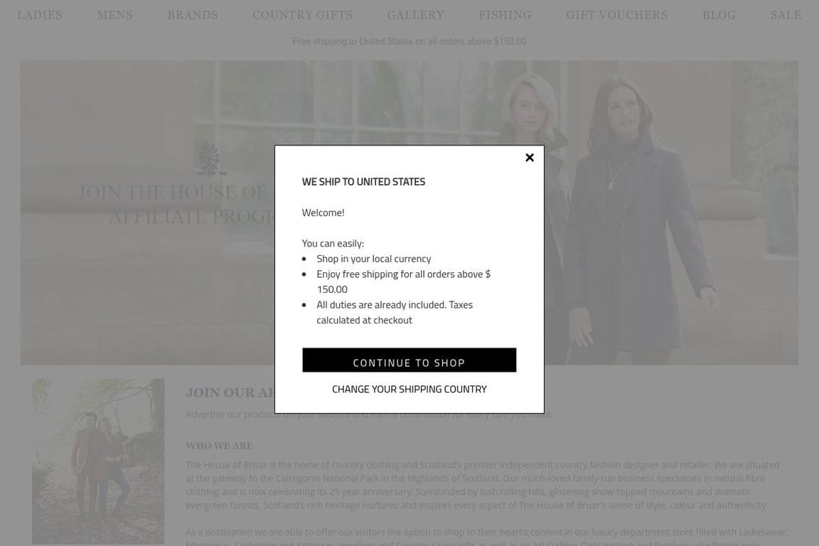 The House Of Bruar affiliate program signup page