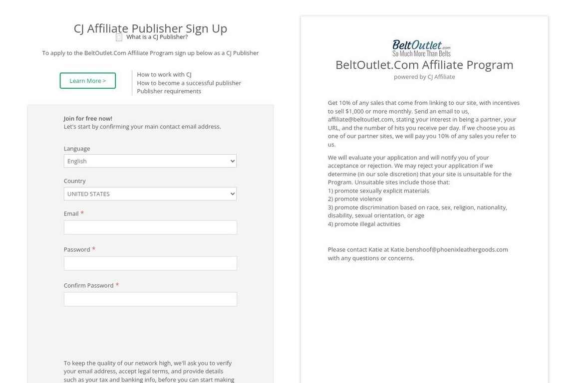 BeltOutlet.Com affiliate program signup page
