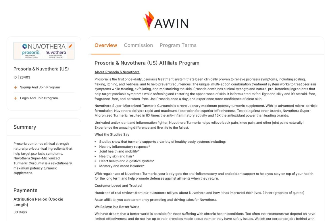 Prosoria (US) affiliate program signup page