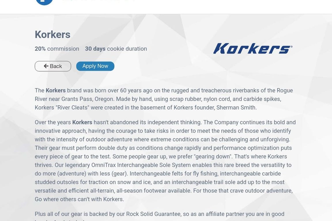 Korkers affiliate program signup page