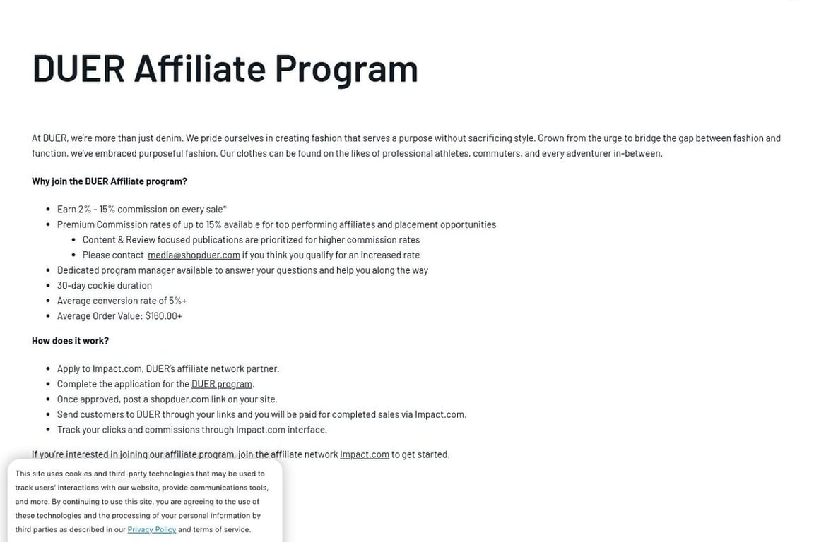 DUER affiliate program signup page
