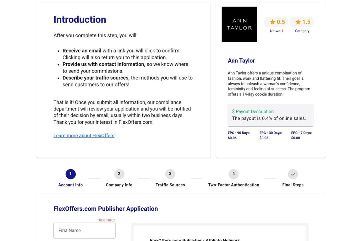 Ann Taylor affiliate program signup page