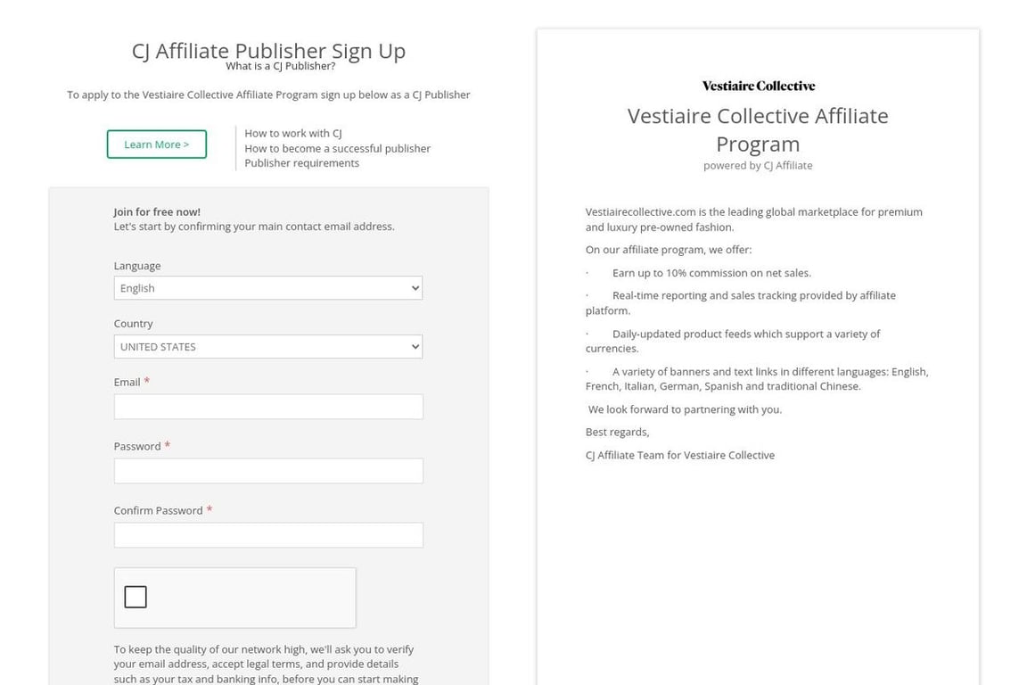 Vestiaire Collective affiliate program signup page