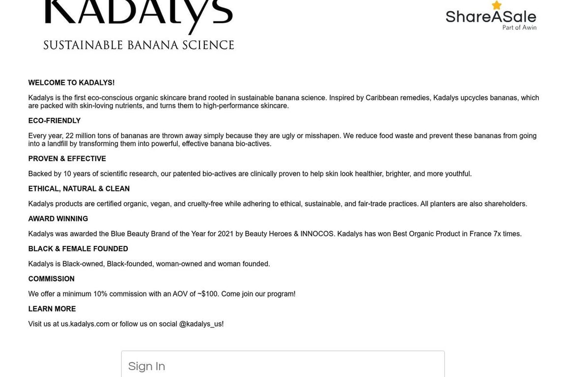 Kadalys Beauty affiliate program signup page