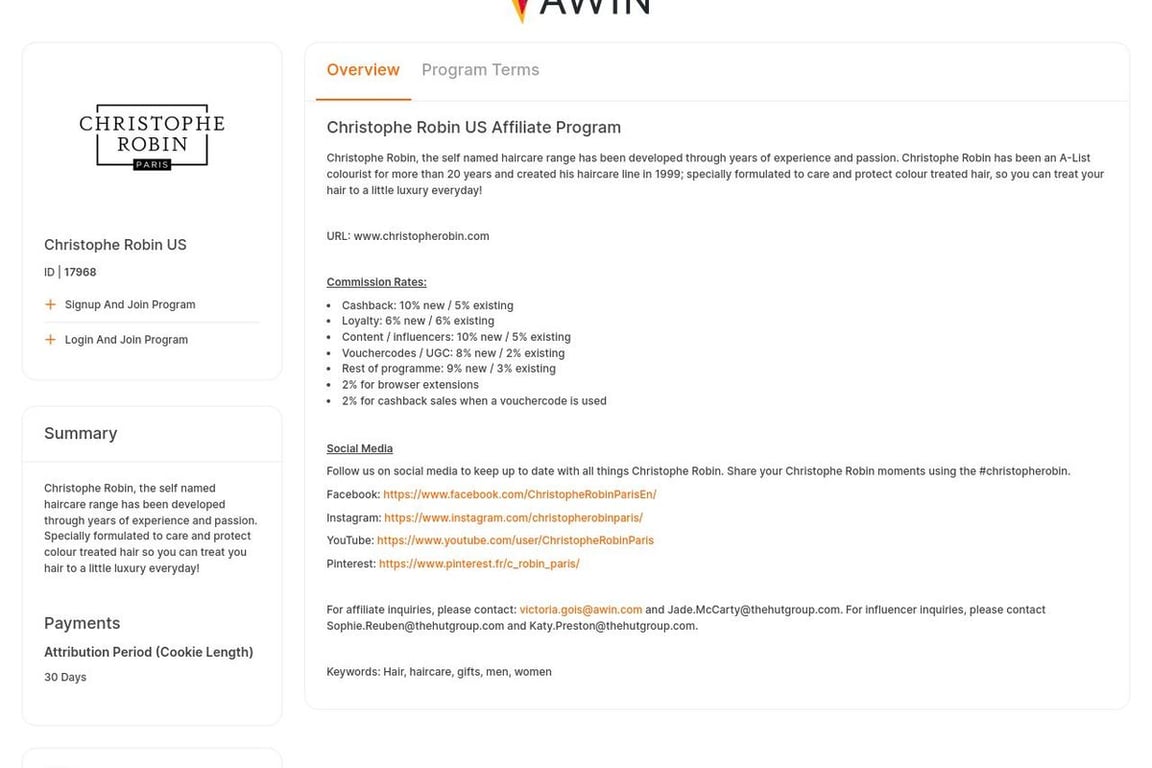 Christophe Robin US affiliate program signup page