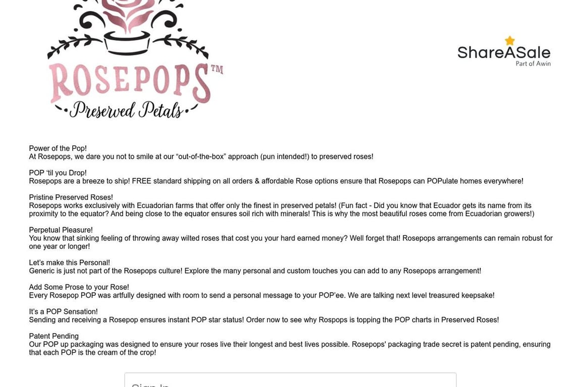 Rosepops affiliate program signup page