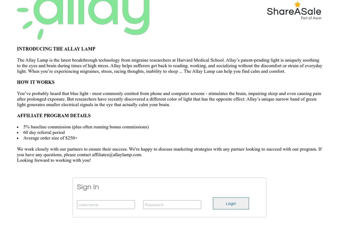 Allay Lamp affiliate program signup page