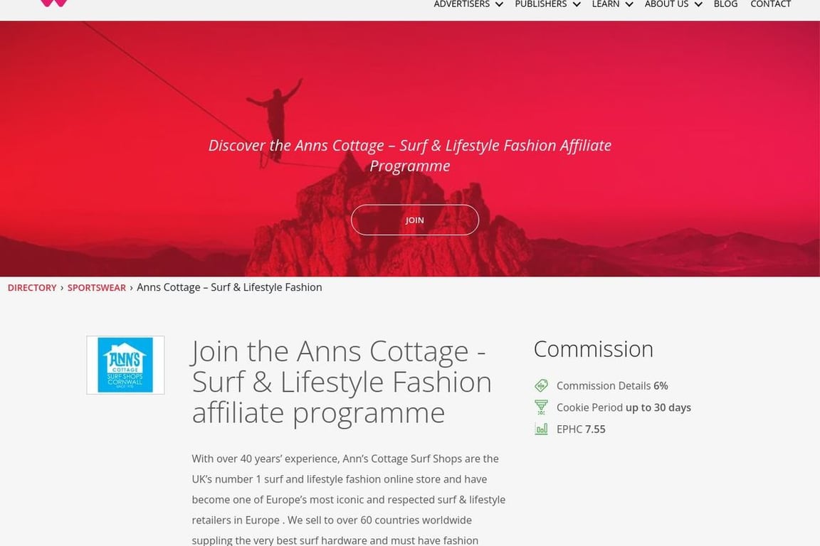 Ann’s Cottage Surf Shop UK affiliate program signup page