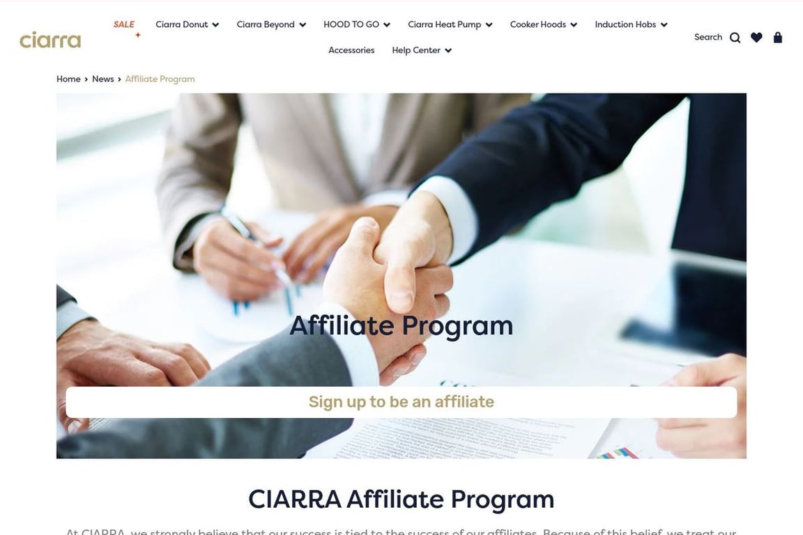 Ciarra appliances affiliate program signup page