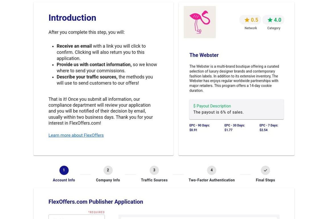 The Webster affiliate program signup page