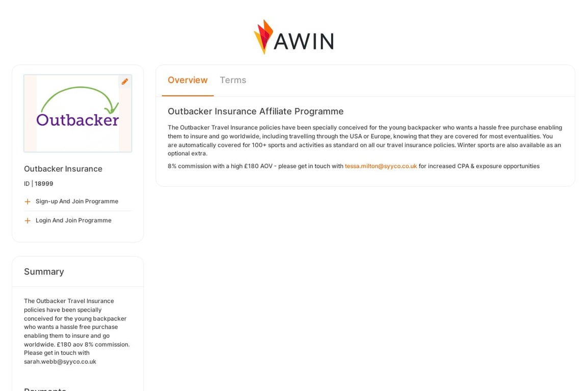 Outbacker Insurance affiliate program signup page
