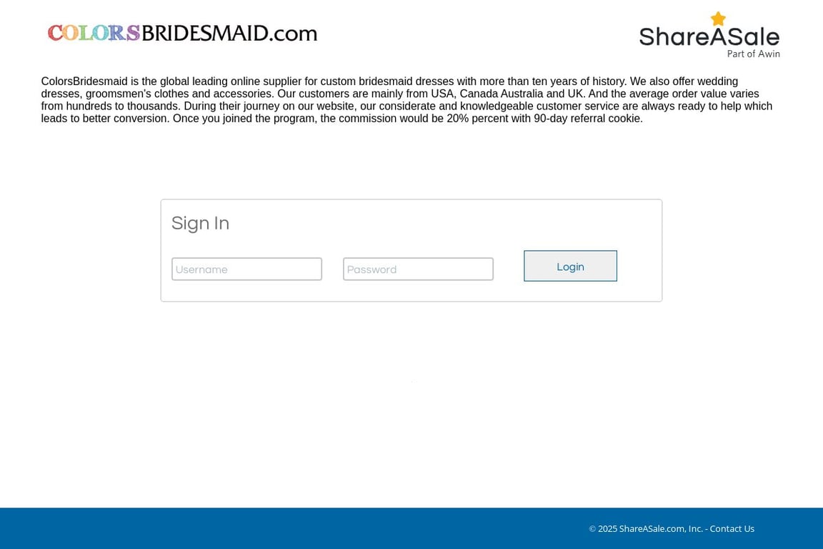 ColorsBridesmaid Dresses affiliate program signup page