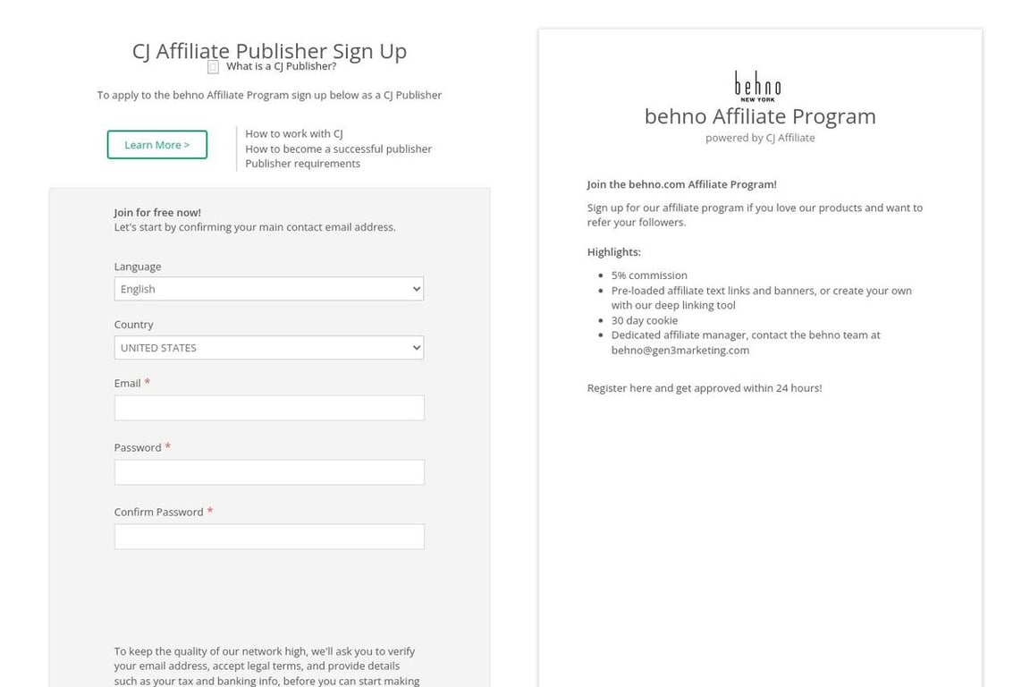 Behno affiliate program signup page
