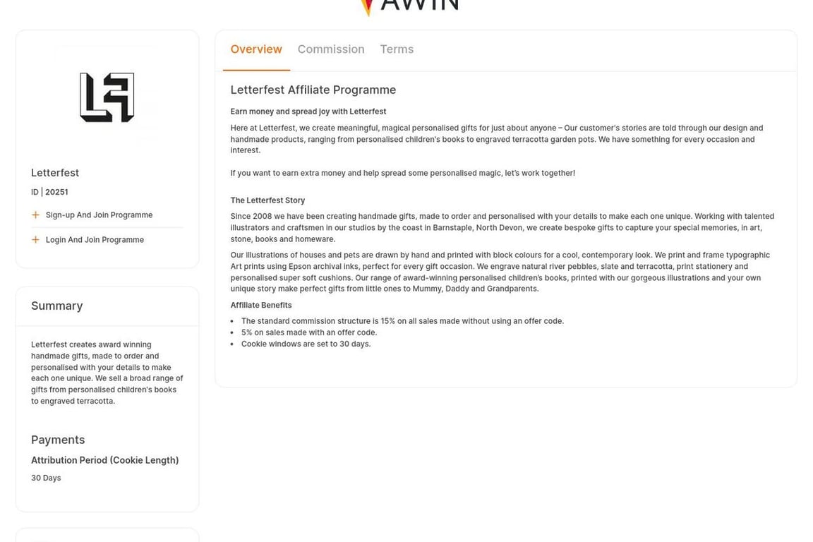 Letterfest affiliate program signup page