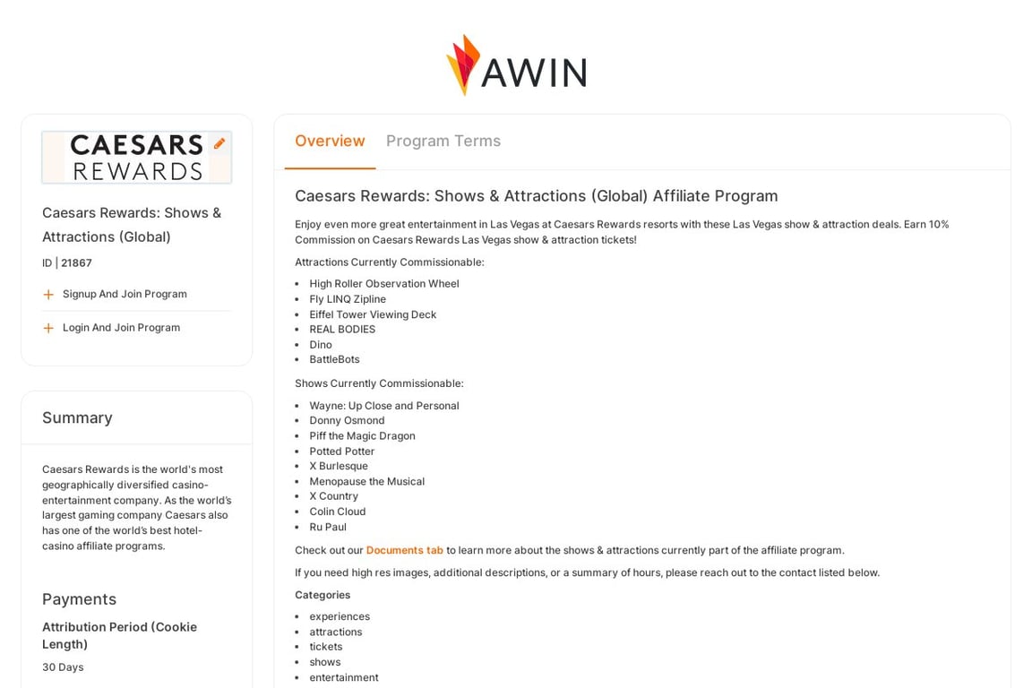Caesars Rewards: Shows & Attractions Preferred affiliate program signup page