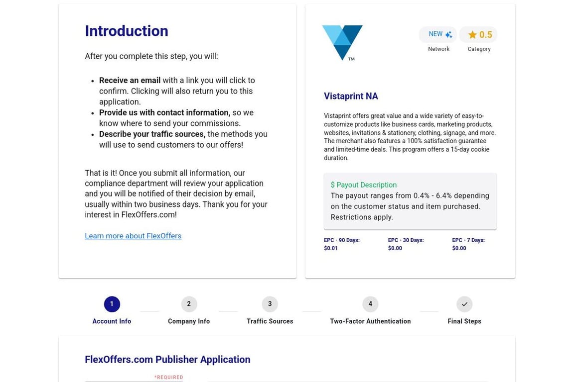 Vistaprint NA affiliate program signup page