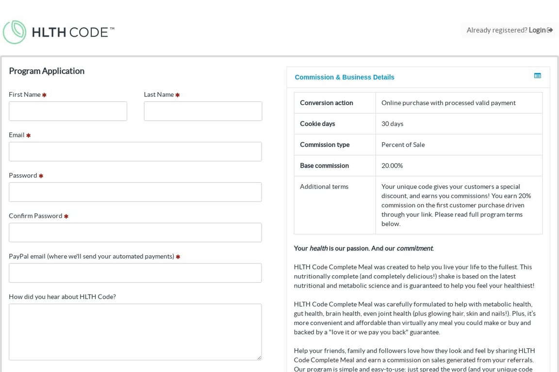 HLTH Code affiliate program signup page