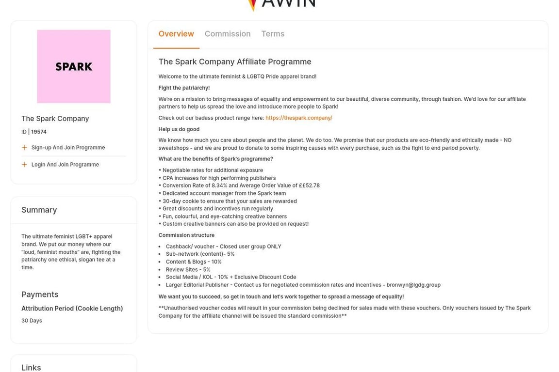 The Spark Company UK affiliate program signup page