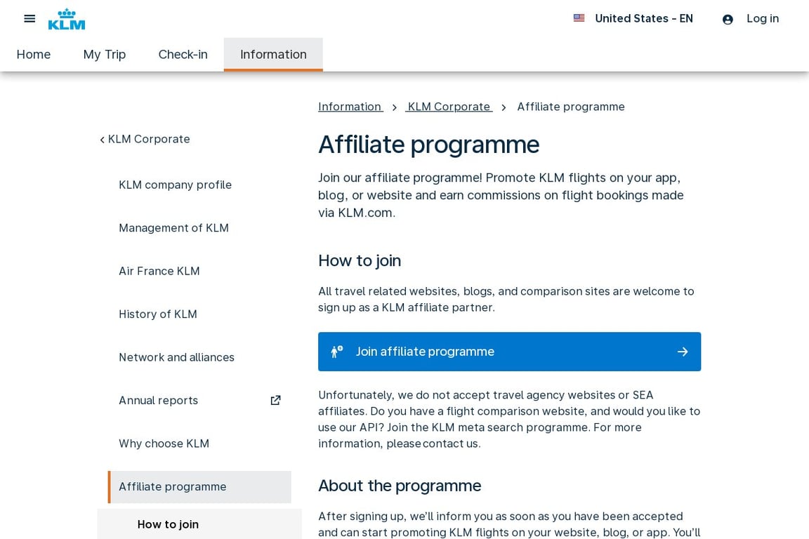 KLM Royal Dutch Airlines affiliate program signup page