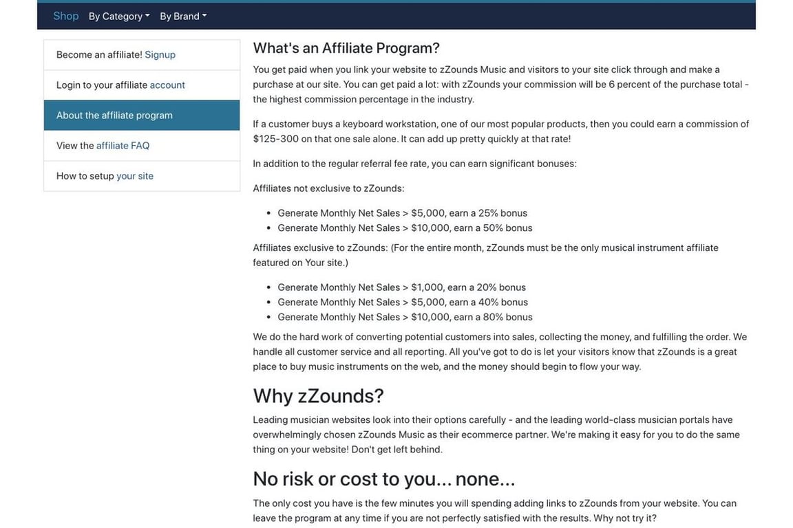ZZounds affiliate program signup page