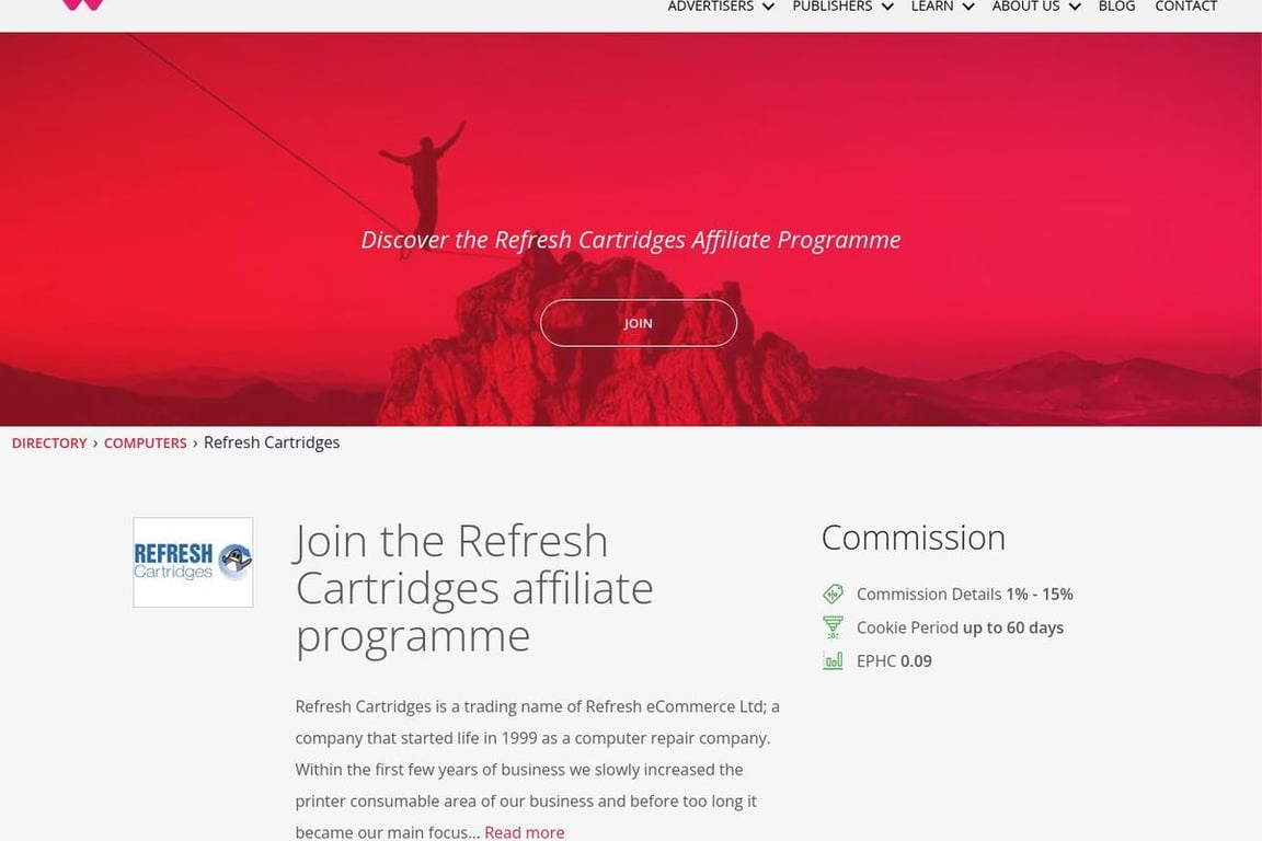 Refresh Cartridges UK affiliate program signup page