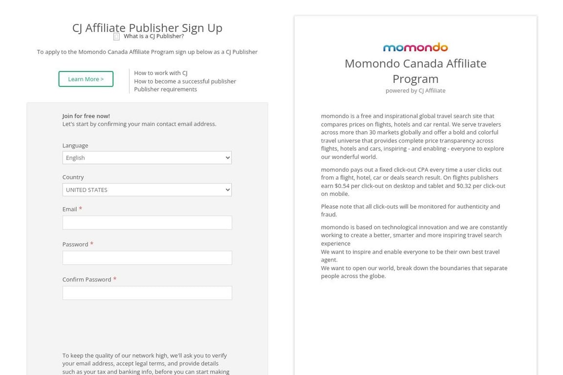Momondo CA affiliate program signup page
