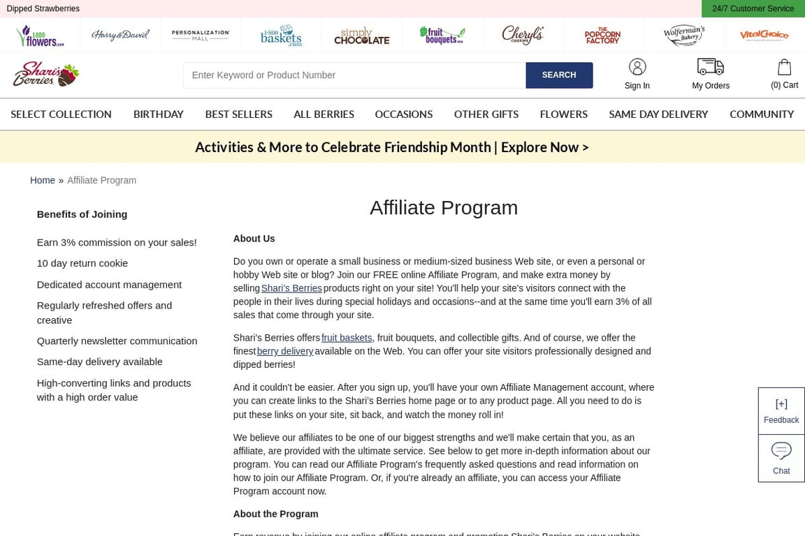 Shari’s Berries Preferred affiliate program signup page