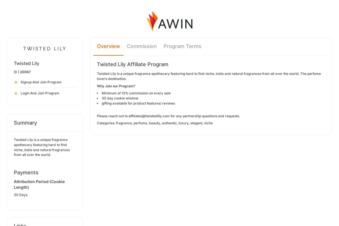 Twisted Lily affiliate program signup page