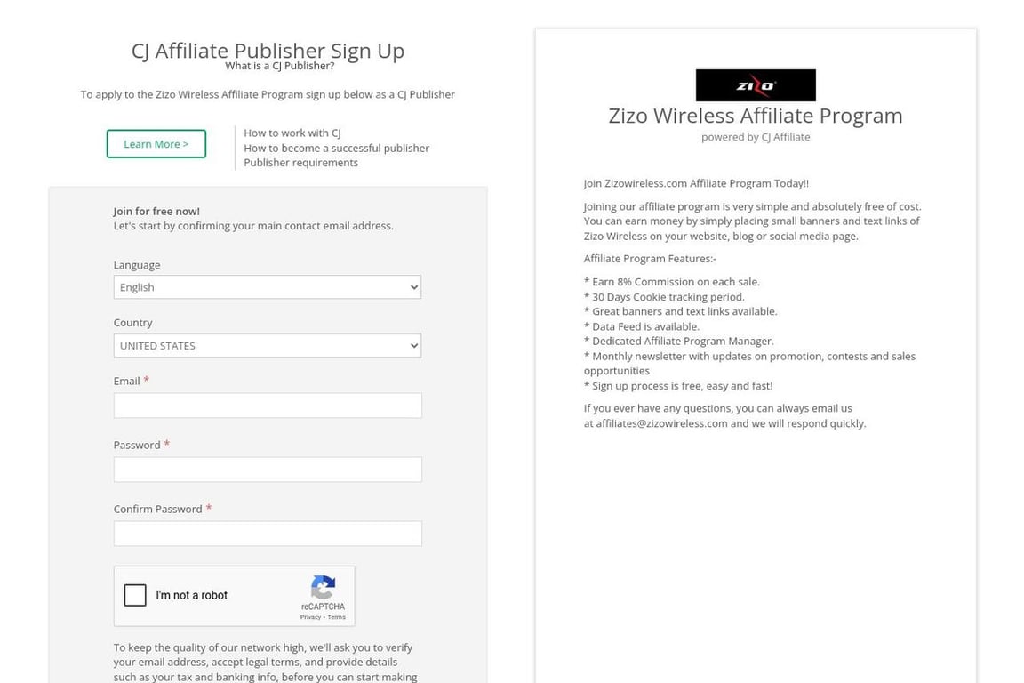 Zizo Wireless affiliate program signup page