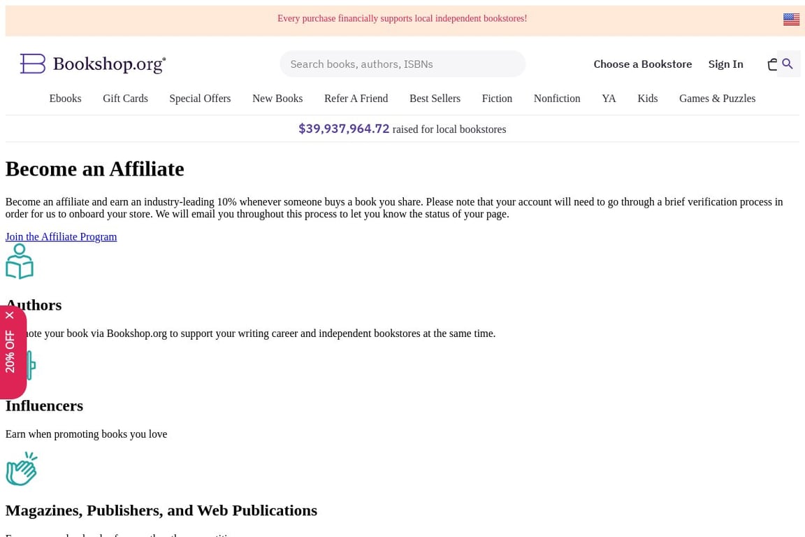 Bookshop affiliate program signup page