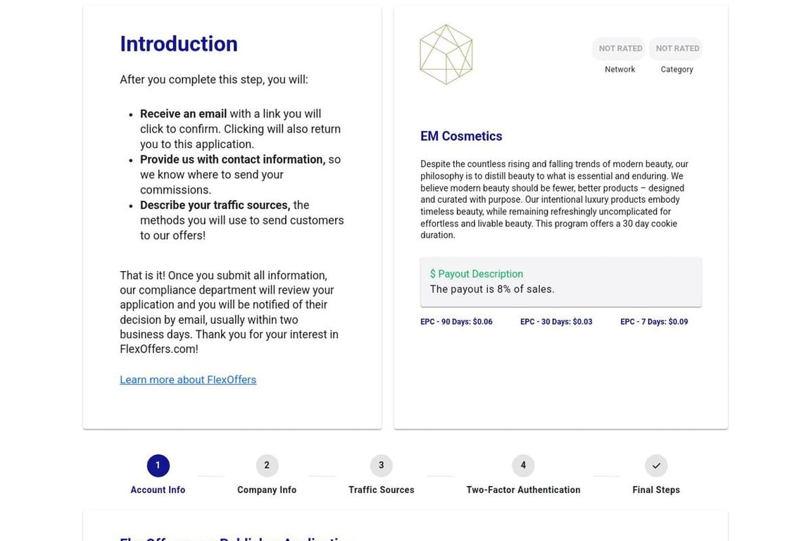 EM Cosmetics affiliate program signup page